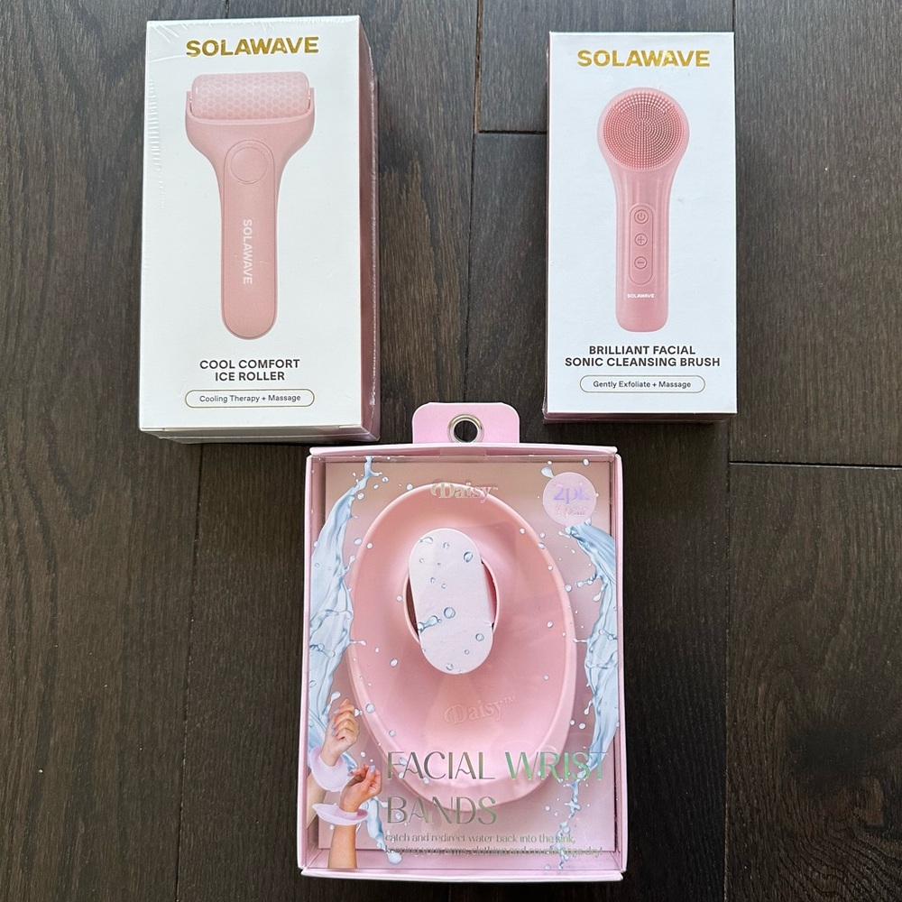 NEW Pink Solawave Facial Tool Set: Sonic Cleanser Brush & Ice Roller + Gift
